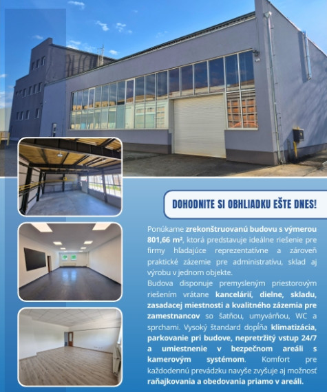 Prevádzkovo – administratívna budova vo výmere 801,66m2 na prenájom